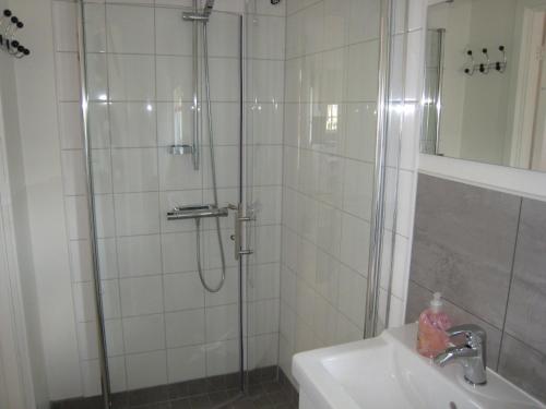 La salle de bains est pourvue d'une douche et d'un lavabo. dans l'établissement Stixered Fegen, à Fegen