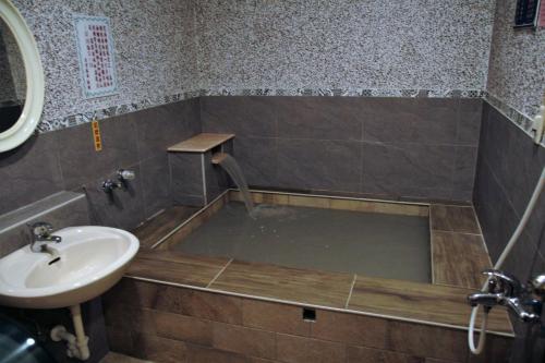 白河區的住宿－清秀旅社，浴室配有带水槽和水槽的浴缸。