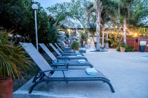 a row of blue benches in a park at Hotel Calle Joaquin - San Luis Obispo in San Luis Obispo