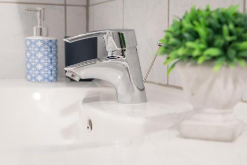 a sink with a faucet and a vase with a plant at MOOKI Mountain & Pool Gerlitzen Apartment in Kanzelhöhe