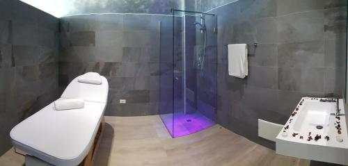 a bathroom with a shower and a toilet and a sink at Agriturismo Tenuta Don Giovanni in Melendugno