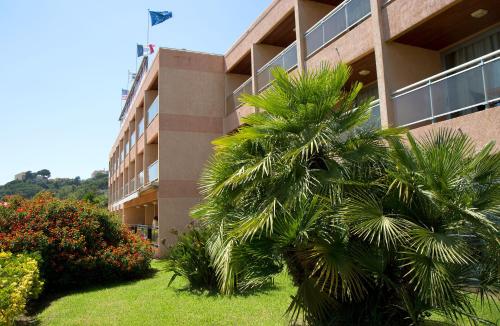 a palm tree in front of a building at Hôtel La Pinède in Ajaccio