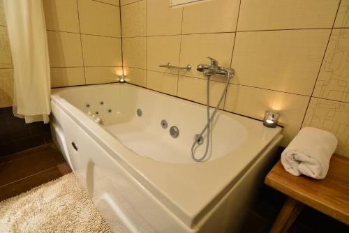 a bath tub with a shower in a bathroom at Green Village in Xylokastro