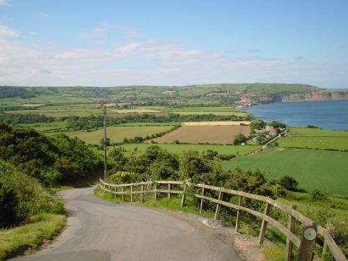 a road with a fence on the side of a hill at Grosvenor Hotel in Robin Hood's Bay