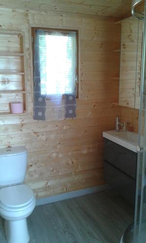 baño con aseo y lavabo y ventana en roulotte en Cournonterral
