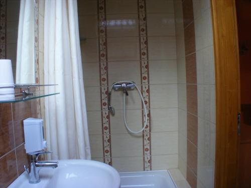 a bathroom with a shower with a sink and a toilet at Napfény Apartmanház in Eger