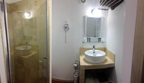 a bathroom with a sink and a shower at Le Mas de Valaurie in Valaurie