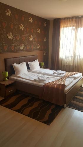 a large bed in a bedroom with a window at Hotel Alegra in Velingrad