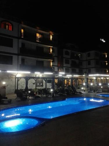 a swimming pool in front of a building at night at Hotel Alegra in Velingrad