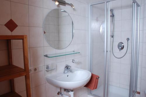 łazienka z umywalką i prysznicem z lustrem w obiekcie Apartment Erler w mieście Hippach