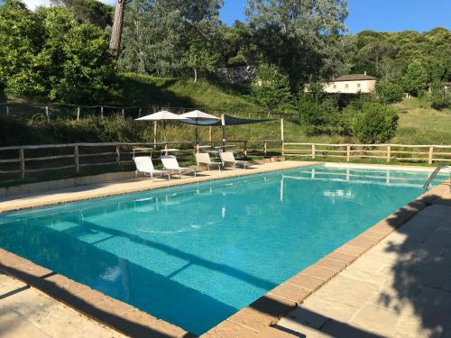 a swimming pool with chairs and umbrellas in a yard at Agriturismo "Ai frati" in Pieve Fosciana