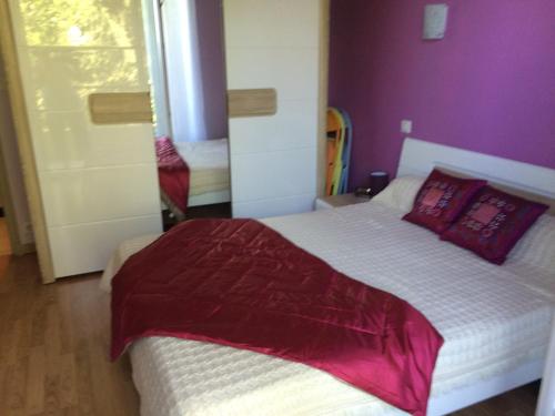 ロデーズにあるT2 gîte de Laurette avec garage et parking privésの紫の壁のベッドルーム1室(大型ベッド1台付)