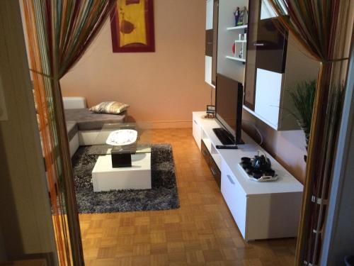 un salon avec un canapé et une télévision dans l'établissement T2 gîte de Laurette avec garage et parking privés, à Rodez