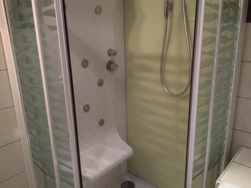 a shower with a glass door next to a toilet at T2 gîte de Laurette avec garage et parking privés in Rodez