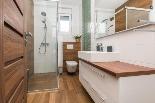 a bathroom with a sink and a toilet at Luxury penthouse in Mandre