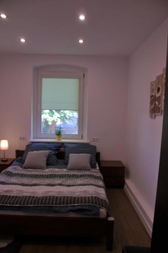 a bedroom with a large bed with a window at Apartamenty Centrum Słupsk in Słupsk