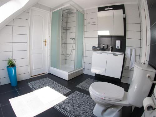 a white bathroom with a toilet and a shower at Penthouse Apartment in Brčko