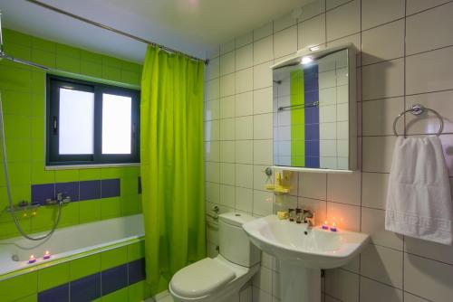 baño verde con aseo y lavamanos en Caravella Luxury Apartments, en Palaiochóra