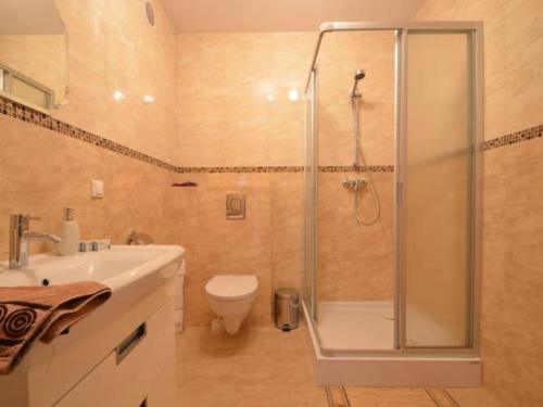 W łazience znajduje się prysznic, toaleta i umywalka. w obiekcie Apartament na Jagiellońskiej w Kołobrzegu
