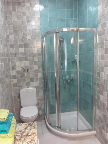 a bathroom with a toilet and a glass shower at Casa Mia in Ouled Kacem