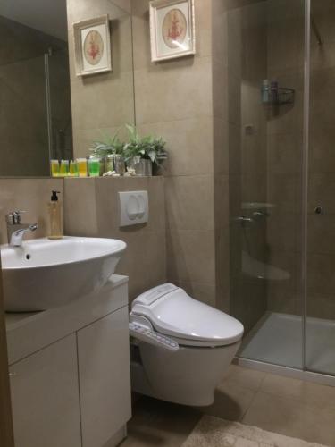 łazienka z toaletą, umywalką i prysznicem w obiekcie Apartament na Klifie 14 w mieście Ustronie Morskie