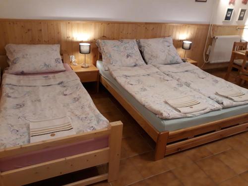 two beds in a room with two tables and lamps at Ranch 79 in Smědčice