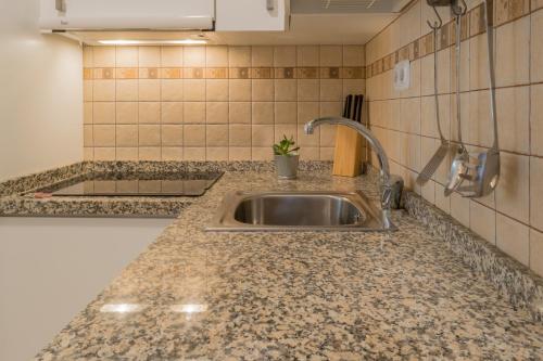 encimera de cocina con fregadero de acero inoxidable en MALAMA Apartamentos Turísticos, en Málaga