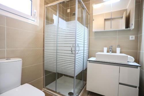 a bathroom with a shower and a sink and a toilet at Skouros Villa in Kastrí