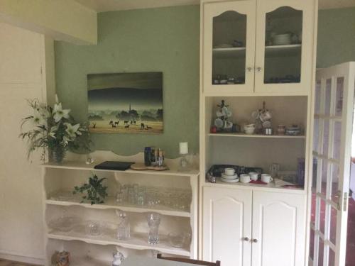 a kitchen with white shelves with dishes and vases at Hillview House in Cootehill