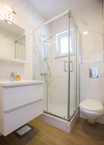a bathroom with a shower and a toilet at Villa Pepo in Cavtat