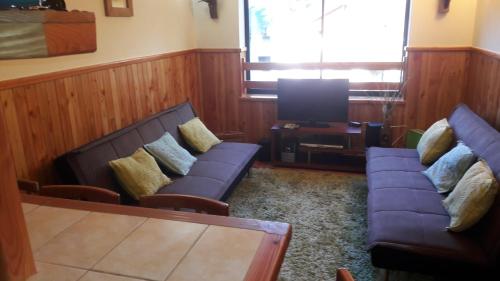 sala de estar con 2 sofás y TV en Departamento en Pucon, en Pucón