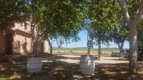 two white barrels sitting in the shade of trees at Gite de Mougeres in Caux