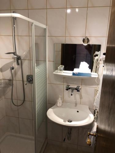 a bathroom with a sink and a shower at Hotel Heuberger Hof, Wehingen in Wehingen