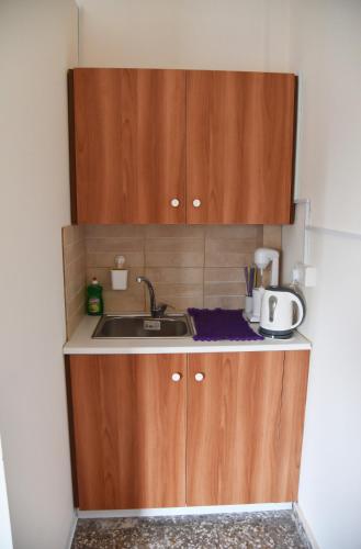 a small kitchen with a sink and wooden cabinets at Lucky 4 in Paralimni
