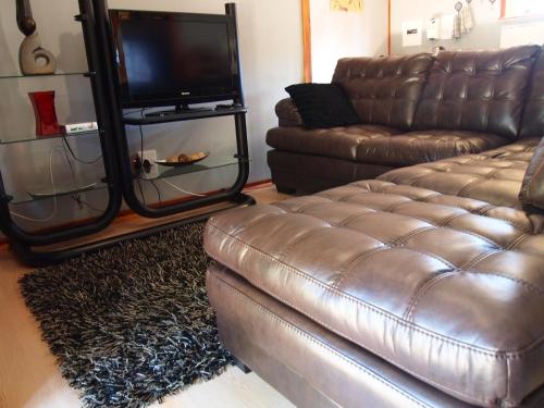 a living room with a leather couch and a flat screen tv at Havana Nights in Graskop