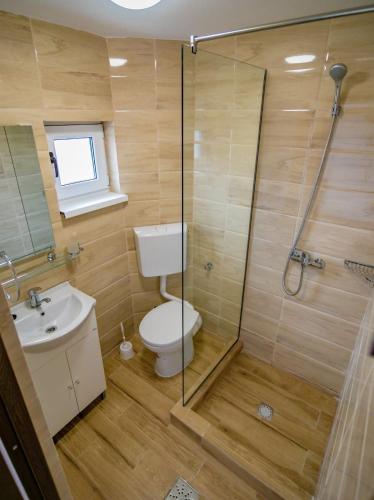 a bathroom with a shower and a toilet and a sink at Casa Ypu in 2 Mai