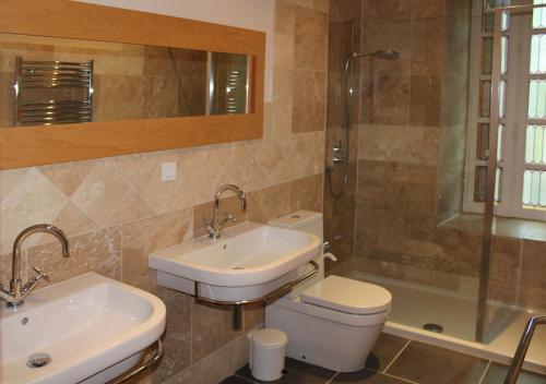 ディナンにあるVal Rive - Monet Apartmentのバスルーム(洗面台、トイレ、シャワー付)