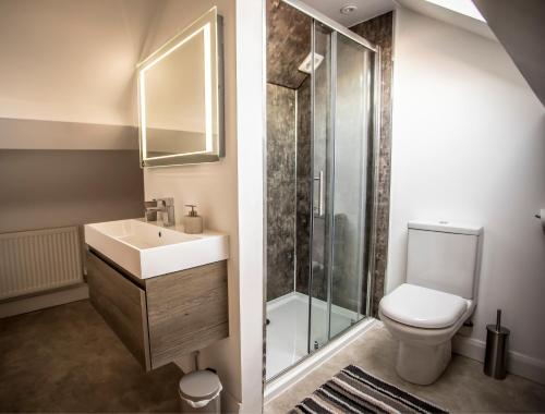 y baño con aseo, lavabo y ducha. en Waters Edge Holiday Apartments en Benllech