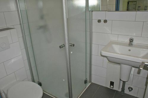 a bathroom with a shower and a toilet and a sink at Zeltdachhaus mit WLAN in Strandnaehe in Damp