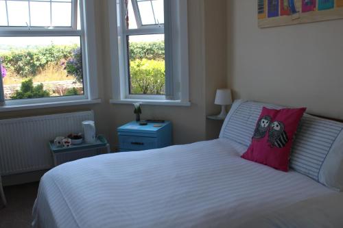 a bedroom with a bed with two owls pillows on it at Sea Jade Guest House in Bude