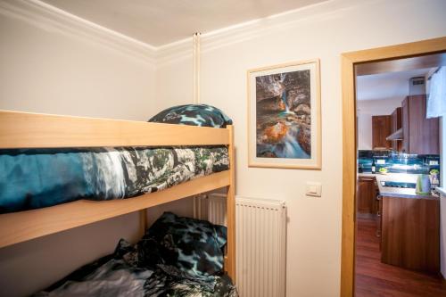 a bedroom with two bunk beds and a kitchen at House Utrinek with free play room, jacuzzy and garage in Podbrdo