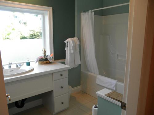 La salle de bains est pourvue d'un lavabo, d'une douche et d'une fenêtre. dans l'établissement Above the Inlet, à Sechelt