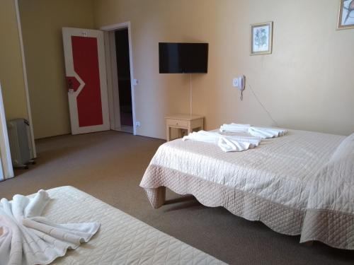 a hotel room with two beds and a flat screen tv at Hotel Platanus in Campos do Jordão