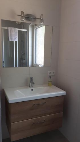 La salle de bains est pourvue d'un lavabo et d'un miroir. dans l'établissement Appartement Kerry, à Schladming