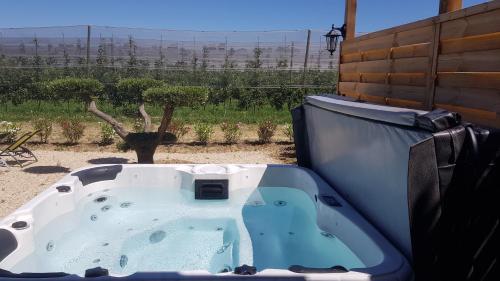 a jacuzzi tub in a backyard with a view of a desert at Mas Saint Julien in Cavaillon