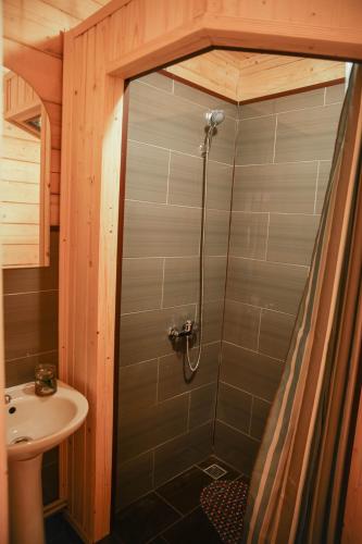 a bathroom with a shower and a sink at Rybatska 7 in Chornomorsk
