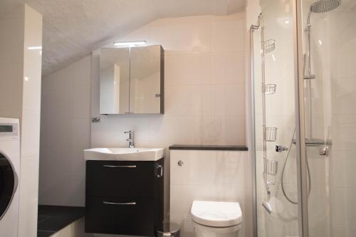 a bathroom with a sink and a toilet and a shower at Executive Living Östermalm Suite in Stockholm