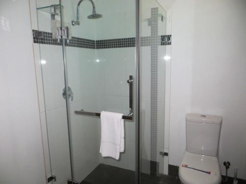 a bathroom with a shower, toilet, and sink at Cattleman's Rest Motor Inn in Charters Towers