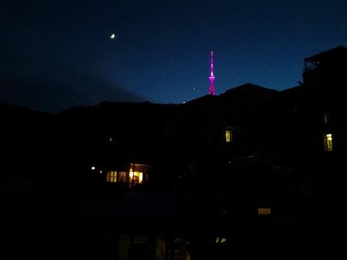a lit up tower on top of a hill at night at Old Tbilisi Flavor for You in Tbilisi City
