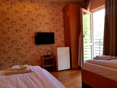 a room with two beds and a tv on a wall at Vila di Pau in Băile Herculane